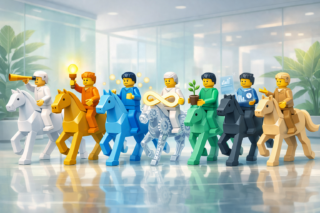 Illustrazione in stile LEGO di sette cavalieri simbolici che rappresentano i principi di gestione della qualità in un ufficio futuristico luminoso