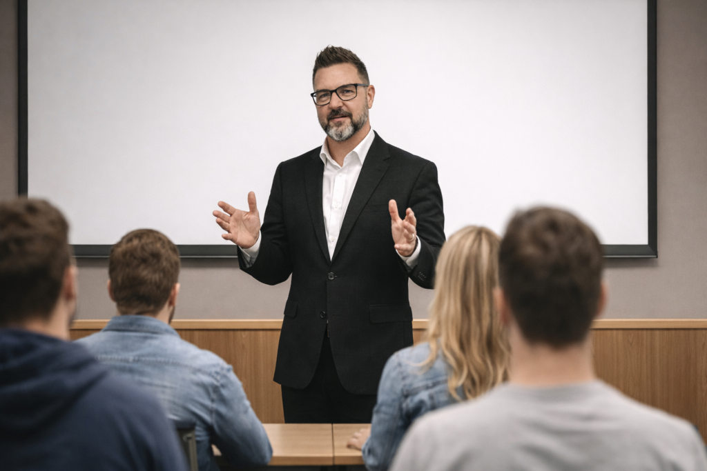 Formatore in aula aziendale mentre presenta davanti a un gruppo di partecipanti