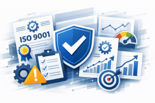 Illustrazione concettuale sulla qualità aziendale e certificazione ISO 9001 con elementi digitali e indicatori di processo