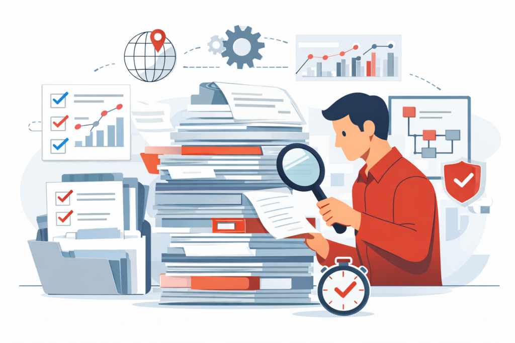 Auditor durante attività di audit interno con dashboard, checklist e controllo dei processi