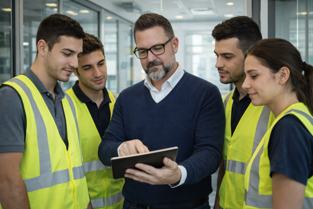 Alessandro Di Tommaso, Responsabile Qualità, mostra un tablet a un gruppo di collaboratori in un ufficio moderno.